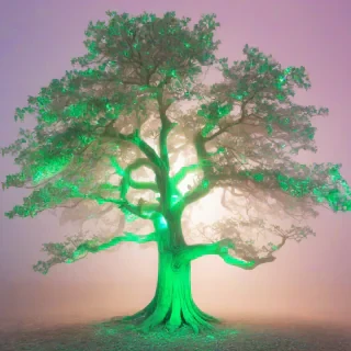 a full-body view of an enchanted tree named Emerald, with a vibrant green trunk, branches, and leaves, set against a plain white background, in a vaporwave style, with neon lights and misty atmosphere, wide shot, feet of the tree visible, with a sense of mysticism and wonder