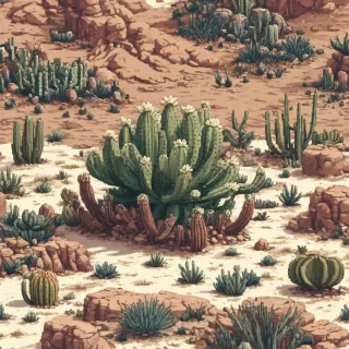 single shrub, with cacti, rocks, and things you would find on the Colorado Plateau, like near Moab, UT. High desert flora and obscura 8-bit retro pixelated, single pixel art asset, on a plain white background