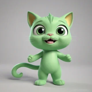 A cartoon style green colored cute baby cat with fins, in 3D animation style, full-body view, with bright and vibrant colors, standing on a plain white background, with a wide-angle shot, and dynamic lighting, featuring a small, rounded body, large eyes, and a tiny nose, with a happy and playful expression, no tail.