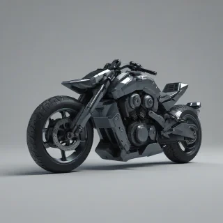 A full-body view of a futuristic, charcoal-colored, pixel art-style motorcycle with a sleek design, set against a plain white background, with a wide-angle shot and dynamic shadows, incorporating a sense of speed and movement, in a digital art style, with a focus on the vehicle's metallic textures and a subtle gradient effect on the wheels, on a plain white background, even lighting