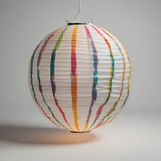 A vibrant, colorful round paper lantern light, with a full-body view, wide shot, and feet visible, on a plain white background, with a bright and dynamic lighting, in the style of a digital illustration, with bold lines and textures, on a plain white background, even lighting 