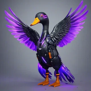 A cybernetic duck with purple feather and neon purple lights on its wings that are outstretched and it has laser eyes and a laser gun on its back