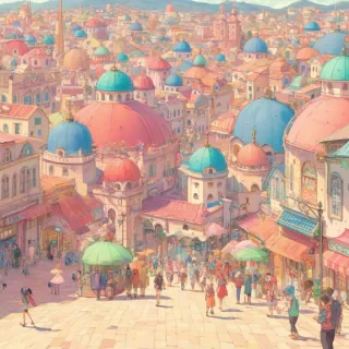 A vibrant pastel anime cityscape with many domed roofs, anime style people walking around the streets, full-body view of the city, wide shot, feet visible, on a plain white background, with a mix of bright and soft colors, dynamic shadows, and a sense of movement and activity, in the style of a digital illustration