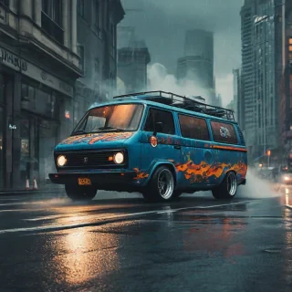 Fantasy van drifting on rainy city road, smoke from tires, cool vibes, awesome paint job