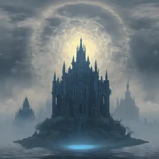 A mystical, sapphire-colored floating island, with intricate Gothic architecture, surrounded by a halo of mist,  with visible foundations,  digital art style, with dynamic shadows and a soft, ethereal backlight