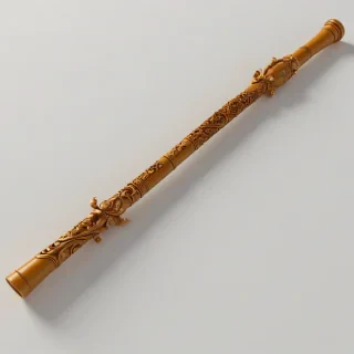 A fantasy-themed, intricately carved, wooden flute, with a mustard-colored, glossy finish, in a wide shot, full-body view, on a plain white background, with soft, warm lighting and dynamic shadows, in the style of digital art, with a sense of mysticism and wonder, on a plain white background, even lighting 