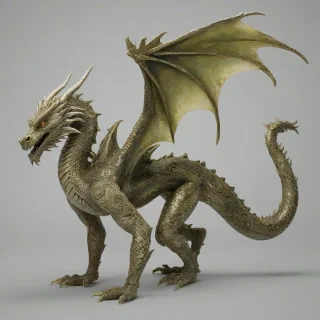 A majestic dragon with iridescent scales in shades of olive green, set against a plain white background, in a wide shot with its feet visible, rendered in a Renaissance style with intricate details and ornate patterns, with dramatic lighting and dynamic shadows, on a plain white background., on a plain white background, even lighting 