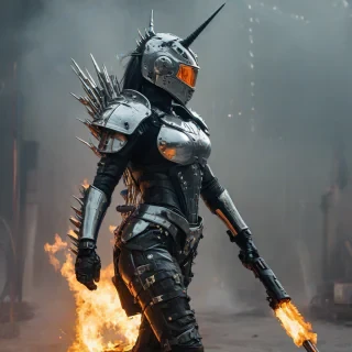 A surreal side view photograph portrait of a figure on the far left side in cyberpunk-style armor holding a flamethrower far out in front of her with flames torching towards the far right side of the screen. The armor is metallic silver with sharp spikes and crystalline details, featuring a unicorn horn protruding from the helmet. The helmet has a spiky crown design with a few points. The figure has long dark black and crimson red streaked hair. The body armor includes detailed skull motifs on the shoulders. The background lighting creates a soft, ethereal glow that highlights the metallic silver surfaces of the armor. The overall color palette consists of crimson red, silver, and pale orange tones. The image has a high-fashion editorial quality with sharp detail work on the armor's crystalline and spiked elements. Isolated against a solid crimson red background.