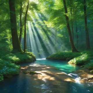 A serene and vibrant magical forest with glowing leaves in shades of emerald green and sapphire blue, and a sparkling crystal clear river running through it, with sunlight filtering through the trees, full-body view, wide shot, feet visible, digital art style, with dynamic shadows and a sense of depth, no humans, no animals, no buildings, no pollution