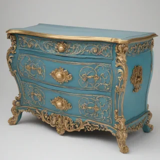 A highly ornate, Azure colored, Rococo style chest, with intricate carvings and gold accents, in a wide shot, with the chest centered on a plain white background, with soft, warm lighting and a slight sheen to the finish, on a plain white background, even lighting, on a plain white background, even lighting 