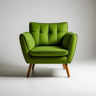 A wide shot of a brutalist-style lime green armchair with a sturdy, geometric base and a cushioned seat, set against a plain white background, with dramatic shadows and a sense of industrial chic, in the style of a digital illustration