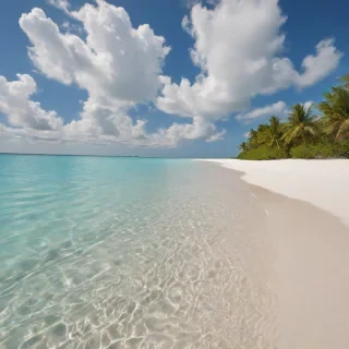 A photorealistic beach scene with crystal clear turquoise water, soft white sand, and a few palm trees in the distance, under a clear blue sky with a few puffy white clouds, in a wide shot with the entire beach visible,