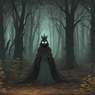 2d cartoon animation art style of a woodland guardian with a crown of wood and a cloak of dark leaves, fantasy vibes, forest setting, dark lighting, glowing eyes, deep shadows, digital painting aesthetic, 2d imagery, limited color palette of mostly greys and browns, simple character and setting design, simple shapes