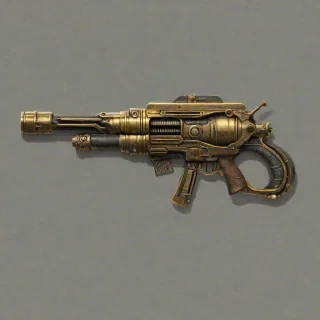 A intricately designed dieselpunk-inspired weapon, with brass and copper accents, set against a plain white background, rendered in a charcoal sketch style, with fine lines and shading, full-body view, wide shot, with visible textures and details, in a vintage, industrial atmosphere, with a sense of nostalgia and innovation, on a plain white background, even lighting