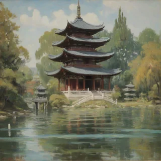 An Impressionist painting with a Pagoda surrounded by water and trees