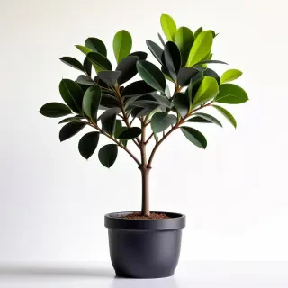 A bright yellow, full-body view of a small potted plant with rounded leaves and a thick stem, set against a plain white background, in a digital art style with bold lines and vibrant colors, with a wide-angle shot and soft natural lighting, and a subtle sheen to the leaves