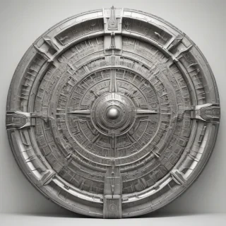 A full-body view of a metallic stargate, with intricate details and symbols etched into its surface, set against a plain white background, with a wide-angle shot and soft, even lighting, in the style of science fiction concept art, on a plain white background, even lighting 