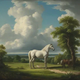 A serene neoclassical landscape with a horse in a lush green pasture, surrounded by big fluffy white clouds in the sky, in the style of a 18th-century European master painter