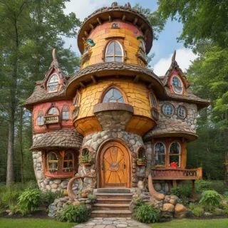 A giant shoe house, full-body view, wide shot, bright and colorful, cartoon style, with a big smile on the front of the house, forest background, detailed architecture, vibrant textures, and intricate details