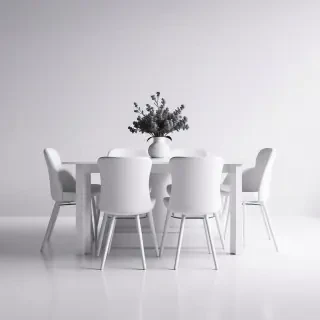 A monochrome white dining table with four white chairs, wide shot, full-body view of the table and chairs, plain white background, no shadows, no textures, digital art style, minimalist aesthetic