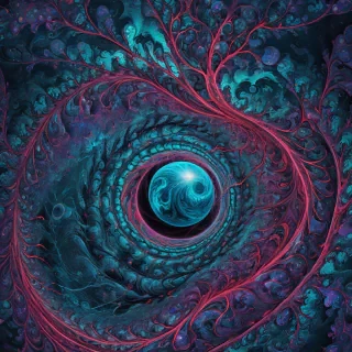 Visualize a surreal, otherworldly landscape where the infinite complexity of a Mandelbrot set unfolds across a luminous, iridescent sphere suspended in a cosmic void. The sphere pulses with vibrant, shifting colors—deep indigo, fractal crimson, and electric turquoise—its surface etched with intricate L-type fractal patterns that spiral and branch like crystalline veins. These patterns ripple and transform, guided by the mathematical elegance of spherical Fourier transformations, creating hypnotic waves of geometric interference that radiate outward. Surrounding the sphere are ancient, primitive archways crafted from glowing, Fibonacci-sequence-inspired stone, their curves and proportions echoing the golden ratio, weathered yet timeless. The archways float in a nebula-like mist, illuminated by soft, ethereal light that casts prismatic reflections. The scene blends mathematical precision with mystical wonder, evoking a sense of exploring an alien temple where chaos and order intertwine.