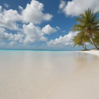 A photorealistic beach scene with crystal clear turquoise water, soft white sand, and a few palm trees in the distance, under a clear blue sky with a few puffy white clouds, in a wide shot with the entire beach visible,