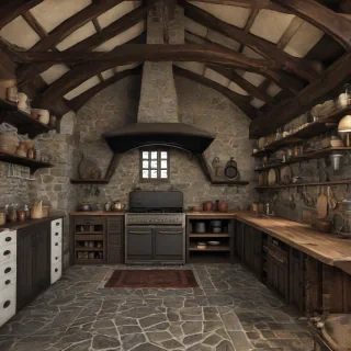 A medieval era kitchen with two walls made of stone, featuring a large chimney constructed from rocks above a cast iron stove, dark round wooden beams on the ceiling, and open shelves underneath wooden cabinets in a game asset style, only show walls, no ceiling showing