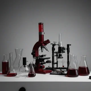 A wide shot of a vintage scientific laboratory setup, with various equipment such as beakers, test tubes, and microscopes, all having a predominantly Crimson color scheme, set against a plain white background, with a film noir-inspired aesthetic, high contrast and dramatic lighting, on a plain white background, even lighting 