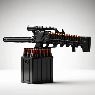 A futuristic chainsaw with a grenade launcher barrel instead of a saw blade, attached to a belt of vertically stacked grenades fed from a large box magazine underneath, on a plain white background, in a wide shot with the entire device visible, with a metallic finish and a sense of ruggedness, in a digital art style with bold lines and vibrant colors