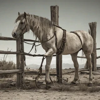 A standalone horse tied up to a wooden fence post in the era from the Wild West era, a generally worn, weathered appearance, set against a plain white background, in a wide shot with the entire horse visible, including the feet and any surrounding debris, in a digital art style with muted colors, on a plain white background, even lighting