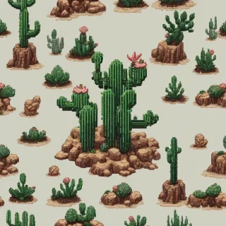 8-bit retro pixelated single shrub, with cacti, rocks, and High desert flora  , single pixel art asset, pixel art style, 2d sprite,  on a plain white background