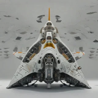 A very sleek, hyper-realistic space craft with metallic surfaces, intricate details, and a futuristic design, set against a plain white background, in a wide shot with the entire craft visible, including the engines and cockpit, a subtle glow effect to enhance the realism, in a digital art style with high levels of precision and accuracy, exterior only, no background, on a plain white background, even lighting