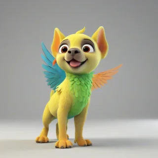 A cartoon style citron colored cute puppy with parrot wings with a smile, in 3D animation style, full-body view, with bright and vibrant colors, standing on a plain white background, with a wide-angle shot, and dynamic lighting, featuring a small, rounded body, large eyes, and a tiny nose, with a happy and playful expression, on a plain white background, even lighting,,, on a plain white background, even lighting 