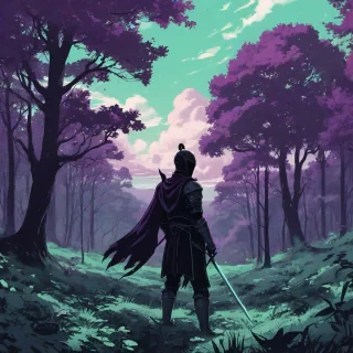 Digital anime art style silhouette of a knight staring at a beautiful forest with dark purple and vibrant mint green trees, with beautiful fluffy clouds above