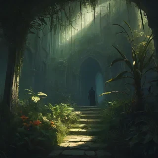 Marc Simonetti style scene with various plants and ominous figure in shadows