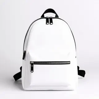 A white backpack with black zippers