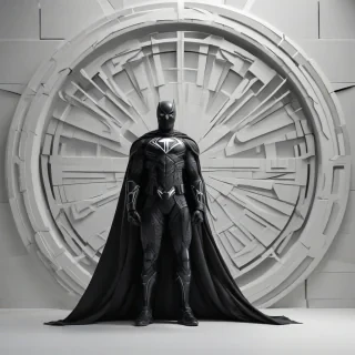 A full-body view of a superhero costume, black in color with brutalism architectural elements, with a wide shot, on a plain white background, with dynamic shadows and a hard rim light, in a digital art style, with bold lines and geometric shapes, with the superhero logo on the chest, and a cape flowing behind, with a sense of power and strength, on a plain white background, even lighting