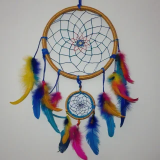 bright and vivid colored dreamcatcher, on a plain white background, even lighting