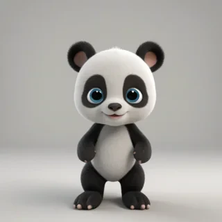 3d cartoon animation, a single animal, a mix of a baby panda and a baby kangaroo, bright and vivid colors, large eyes, short body, round features, tiny nose, tiny feet, cute, happy expression on its face, only one in the shot, full body visible, on a plain white background, even lighting