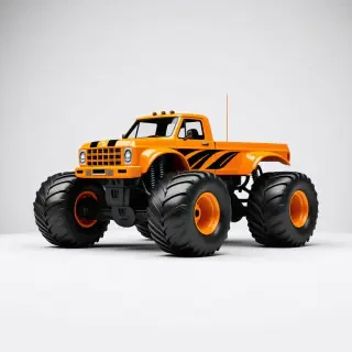 orange monster truck with black racing stripes