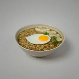 bowl of ramen with half of an egg in it, on a plain white background, even lighting