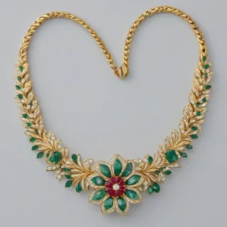 A luxurious, gold necklace with a large, bejeweled pendant in the shape of a flower, featuring a combination of diamonds, rubies, and emeralds, on a plain white background, full-body view of the necklace, with the pendant prominently displayed at the front, and a wide shot to show the entire necklace, including the clasp and chain, in a digital art style with intricate details and realistic textures, on a plain white background, even lighting