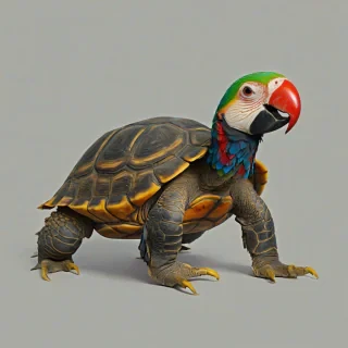 A cel-shaded, bold lines, wide shot of a tortoise body and feet with a scarlet macaw head, featuring vivid colors, on a plain white background, bright lighting, in a digital art style, on a plain white background, even lighting
