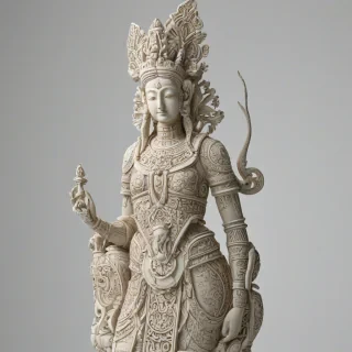 Stylized statue with intricate carvings, on a plain white background, even lighting