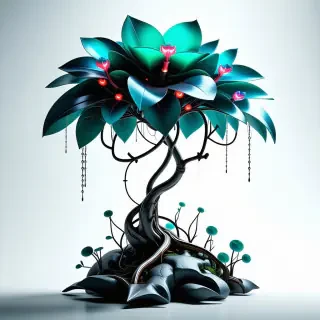 A full-body view of a vibrant, neon-lit Aquamarine plant with intricate, glowing circuitry and metallic accents, set against a plain white background, in a futuristic, cyberpunk style, with dynamic shadows and a wide-angle shot