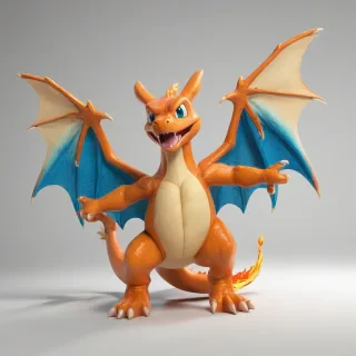 A full-body view of Charizard the Pokemon, with its wings spread wide, standing on a plain white background, in a digital art style with vibrant colors and dynamic shadows, with a wide-angle shot and a bird's eye view perspective