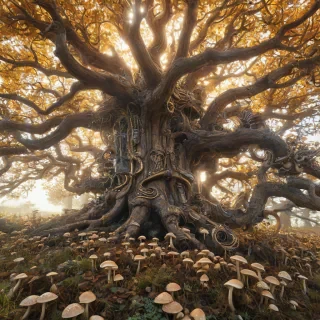 A majestic, enchanted tree with a thick, brown trunk, adorned with vibrant, glowing mushrooms and leaves, set against a plain white background, in a wide shot, with a warm, golden light, and a biopunk aesthetic, featuring intricate, mechanical details and organic elements blended together in harmony, with the tree's roots and branches stretching out in a dynamic, curved shape, full-body view, feet visible, in a digital art style, with bold lines and vibrant colors