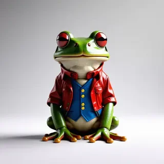 green frog wearing a blue vest and red jacket