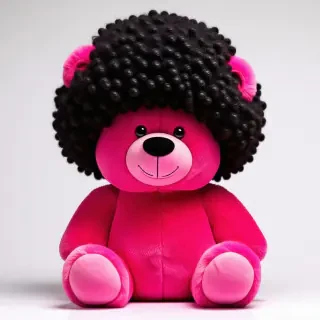 A bright pink teddy bear with a curly black Afro wig and a handlebar moustache