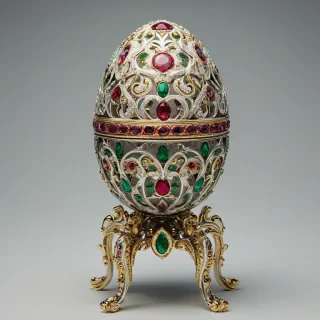 A highly detailed, ornate Fabergé egg, full-body view, with intricate gold and silver filigree, adorned with precious gems, including diamonds, rubies, and emeralds, on a plain white background, in a wide shot, with soft, warm lighting, and a slight sheen to the egg's surface, in the style of a realistic, high-end jewelry photograph, on a plain white background, even lighting